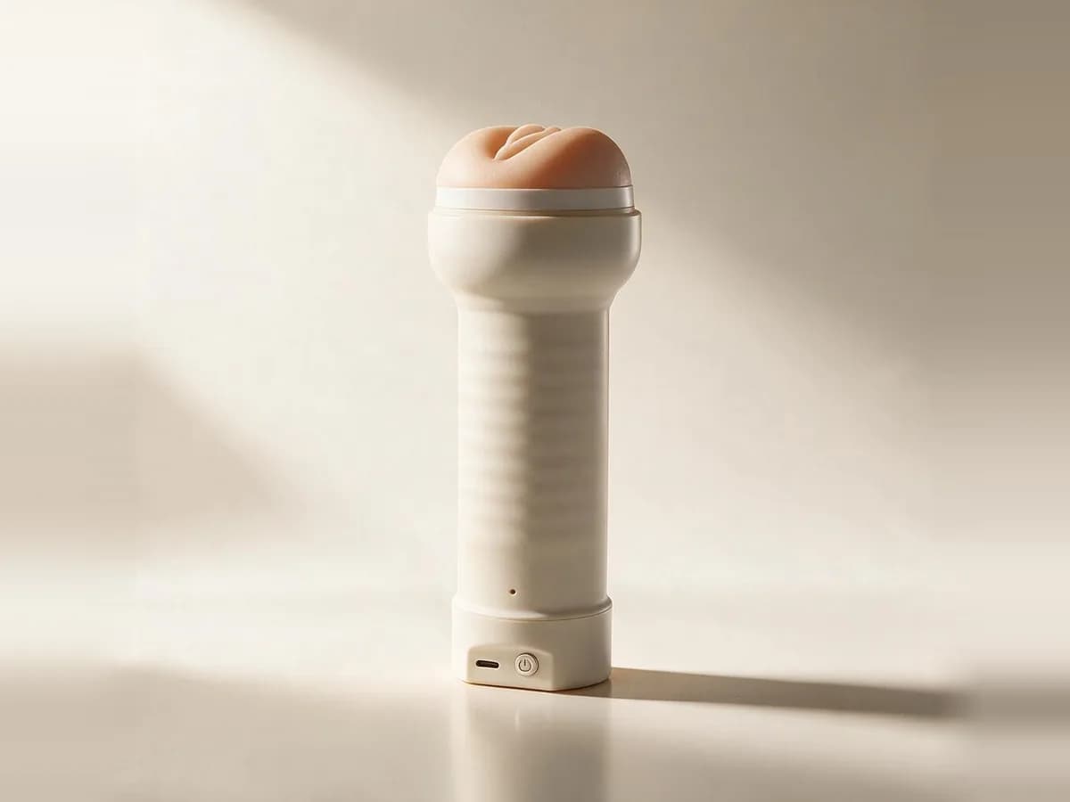 SynKink F1 standing upright, with the sleeve on top and the power button and USB-C port at the base